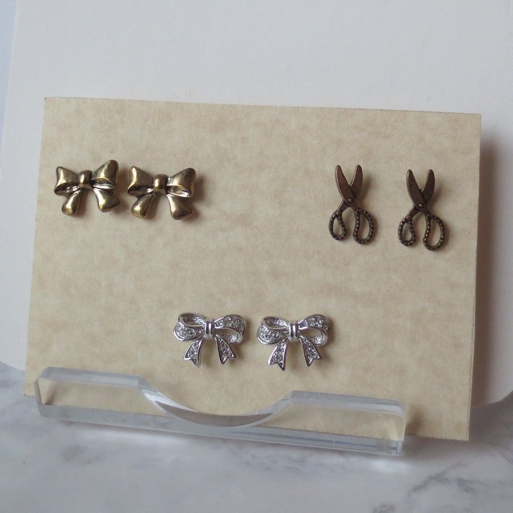 Set of Three Stud Earrings S1 Brass Bow Scissors and Silver Diamanté Ribbons